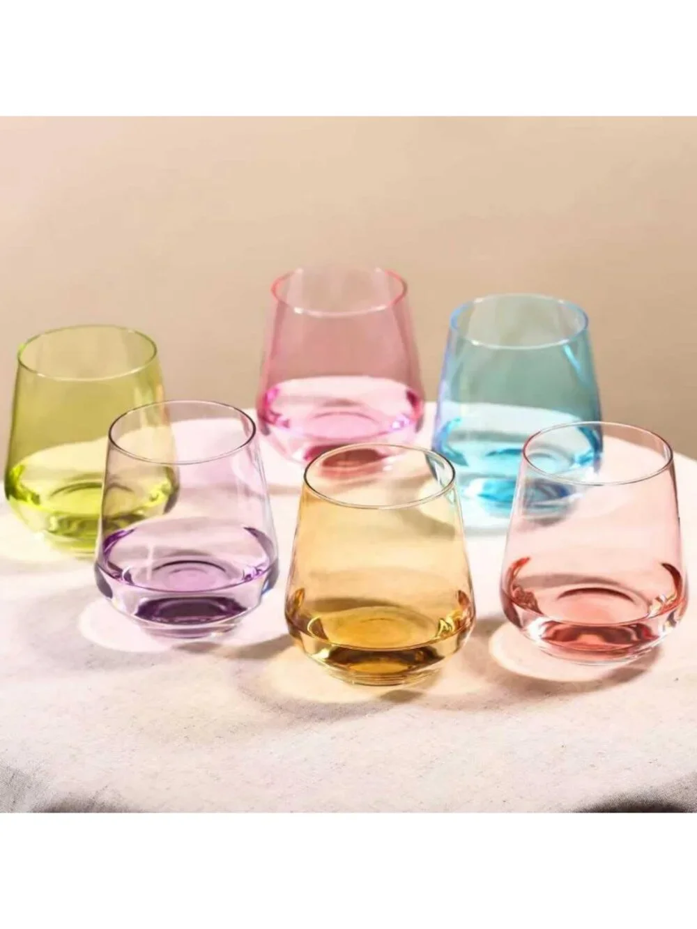 Colorful Stemless Wine Glasses Set of 6 - Hand-Blown 17 oz Crystal Glassware